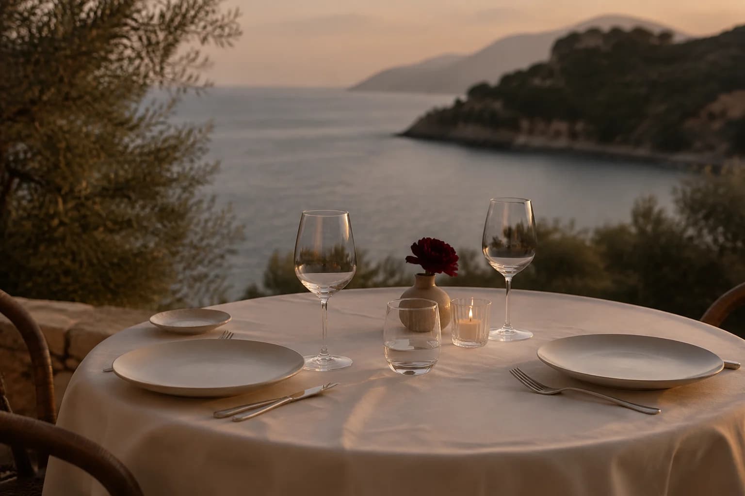 A private table prepared for an evening by the coast